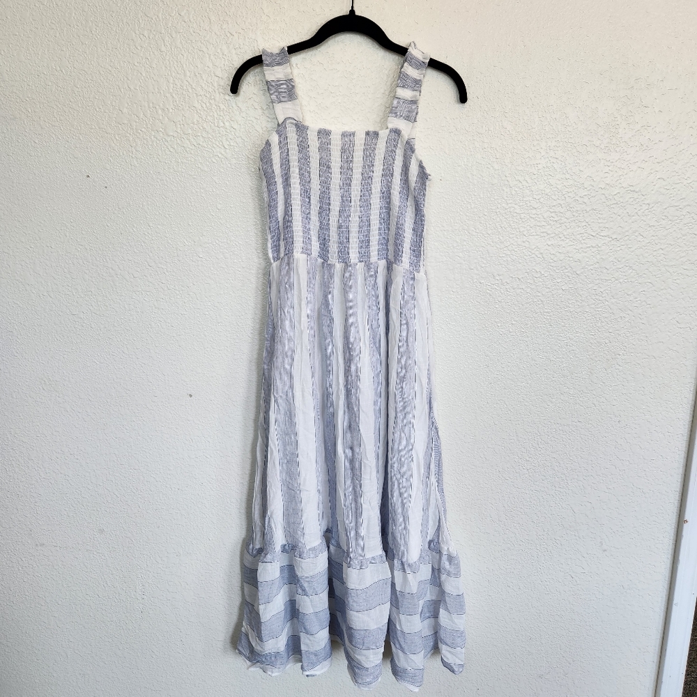 August Sky Ruched Striped Sleeveless Midi Dress